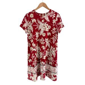 J. Jill Wearever Collection Red Floral Print Dress Size M Soft Knit Short Sleeve